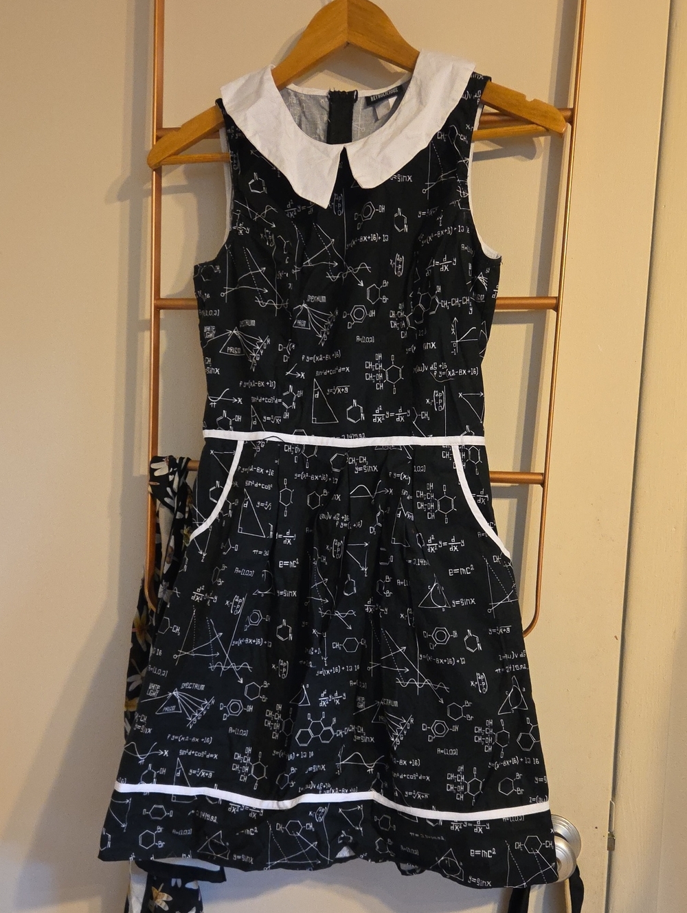 Retrolicious Black Science Print Dress with White Collar